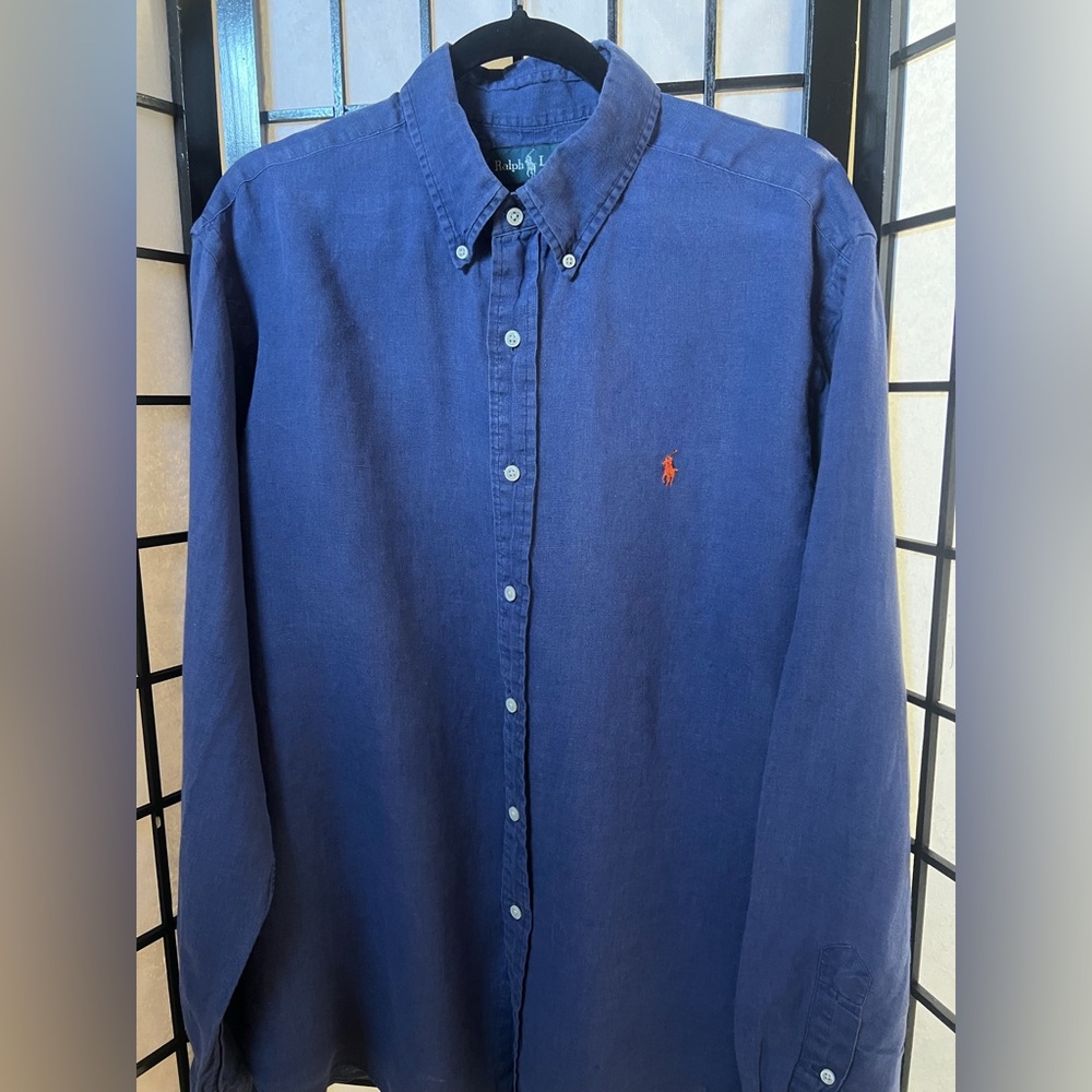 Ralph Lauren Men's Linen Navy Button Down Shirt